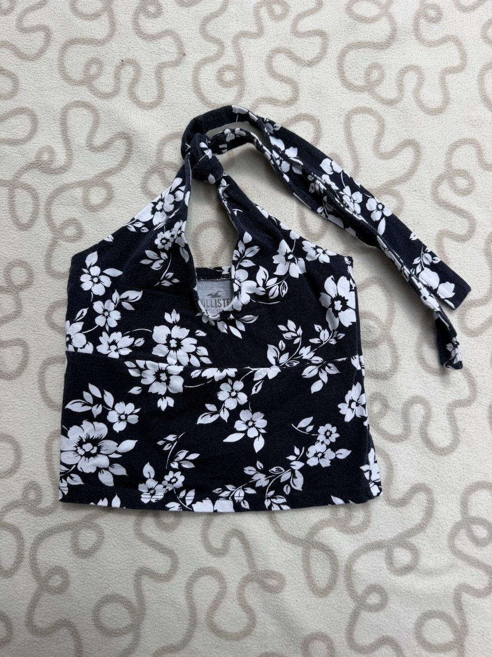 Hollister Black and White Floral Halter Crop Top